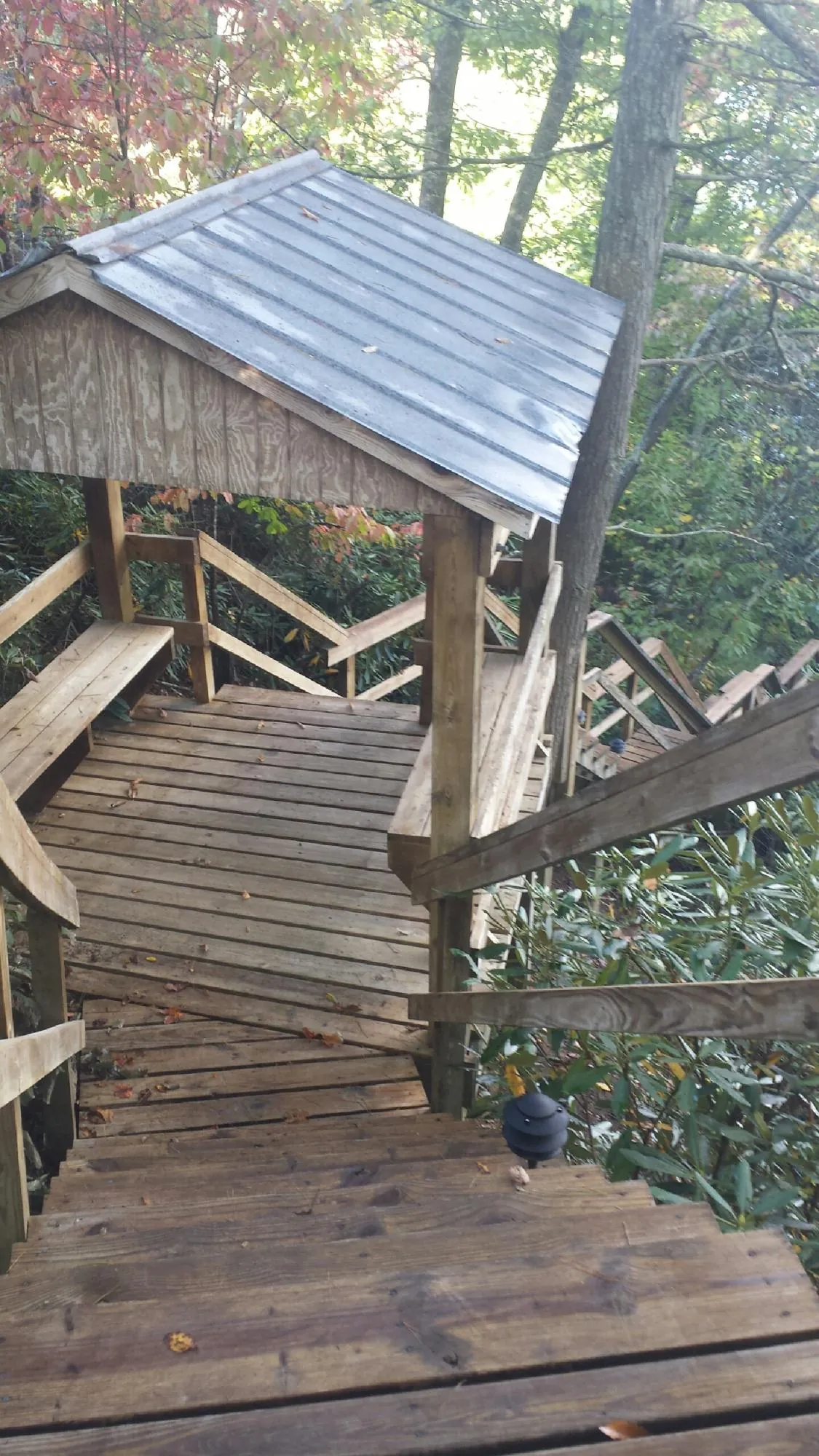 Metal roofed shelter over wooden steps on a wooded walkway — Skylight Repair & Installation work by our crew in Pilot Hill