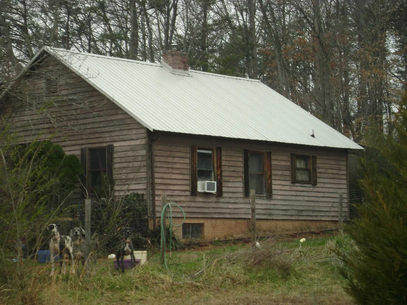 White metal roof on an old wood sided farmhouse, from a Metal Roof Installation job in Pilot Hill